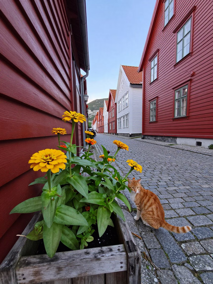 Summer evening in Bergen Norway with zinnias and orange cat in in Bergen, Norway