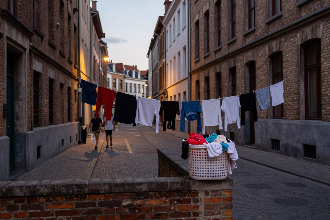Summer Evening in Brussels Street Corner with Laundry and Local Life in in Brussels, Belgium