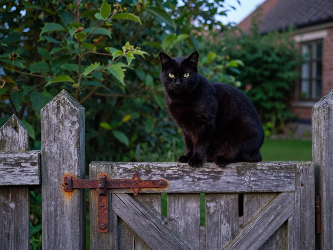 Summer Evening in Copenhagen Denmark Garden Gate Rust Black Cat in in Copenhagen, Denmark