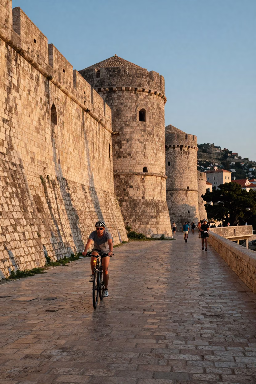 Summer Evening in Dubrovnik Croatia Cyclist Passing Ancient Stone Walls in in Dubrovnik, Croatia