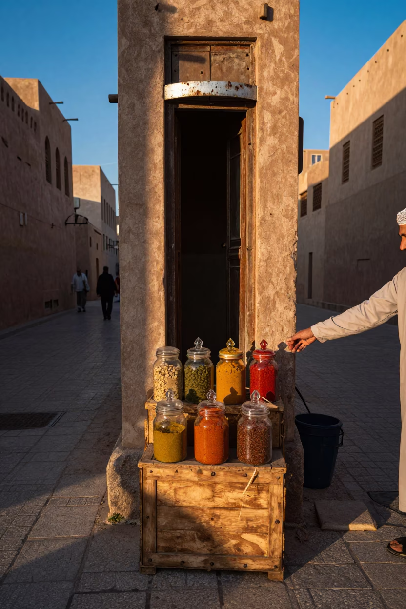 Summer evening in Muscat Oman street vendor spice jars and doorframe in in Muscat, Oman