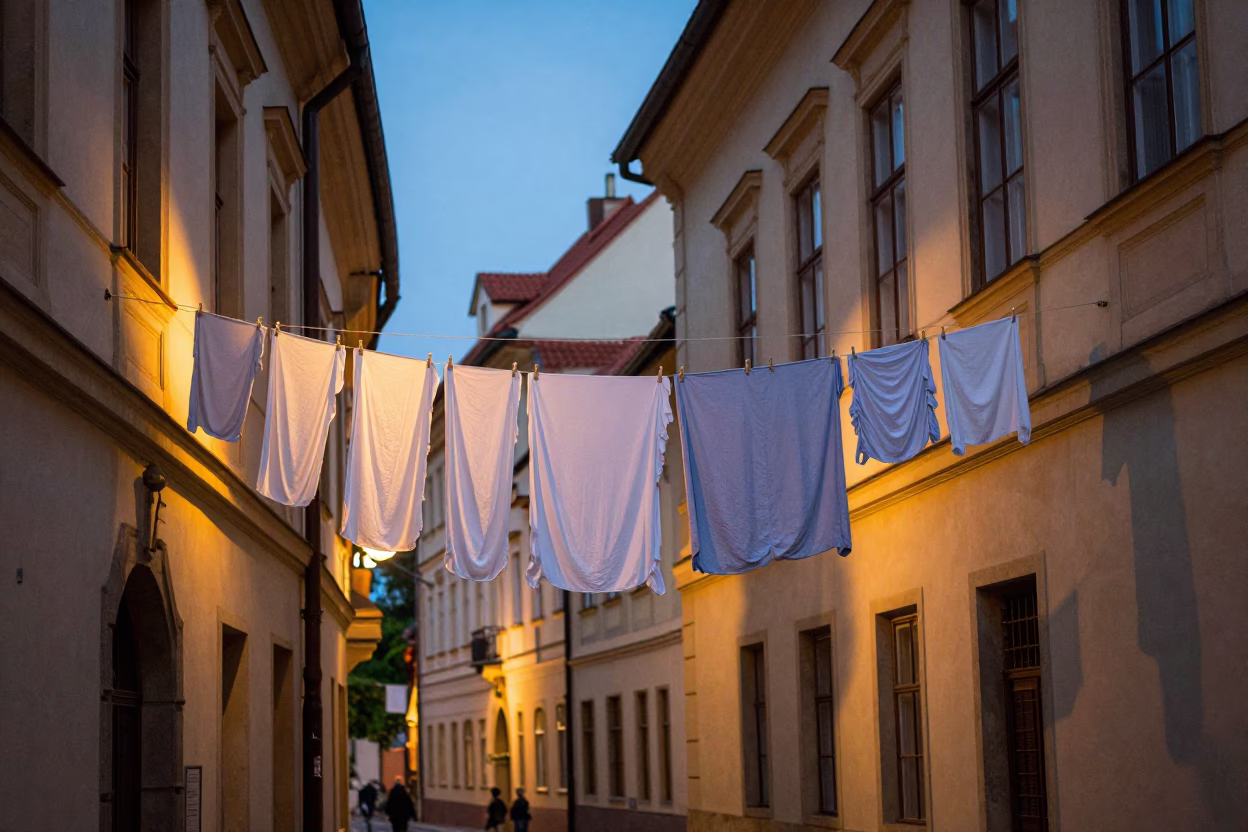 Summer Evening in Prague Czech Republic Street Scene with Clothesline in in Prague, Czech Republic