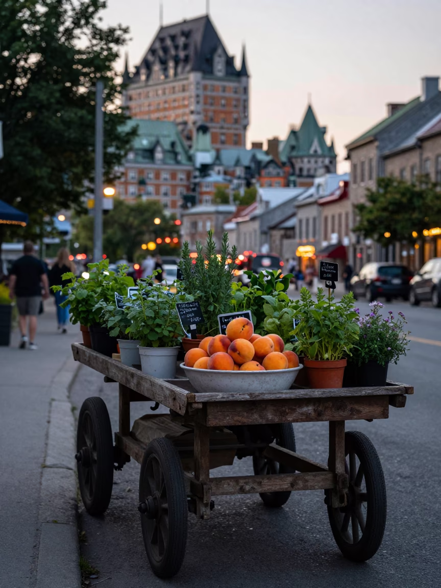 Summer Evening in Quebec City Old Port with Potted Herbs and Nectarines in in Quebec City, Quebec, Canada