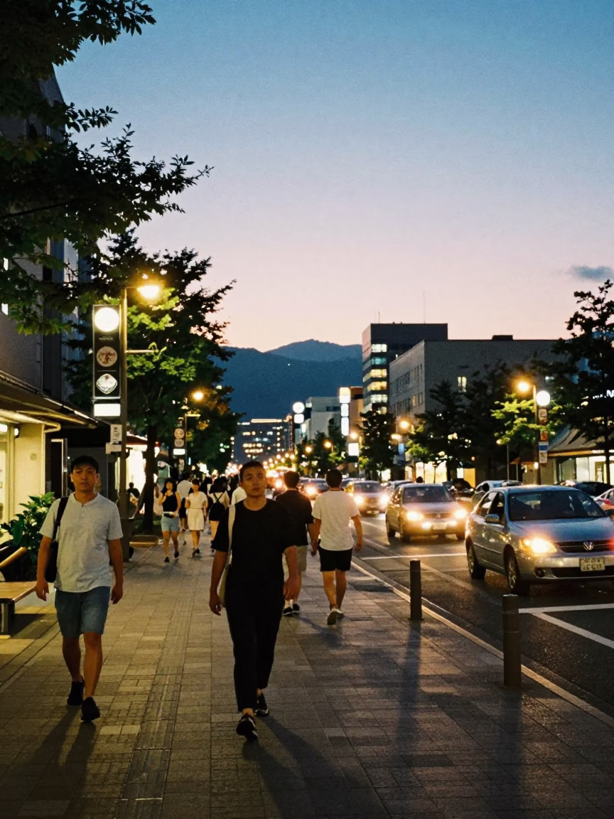 Summer Evening in Sapporo Japan with Pedestrians and Street Life in in Sapporo, Japan