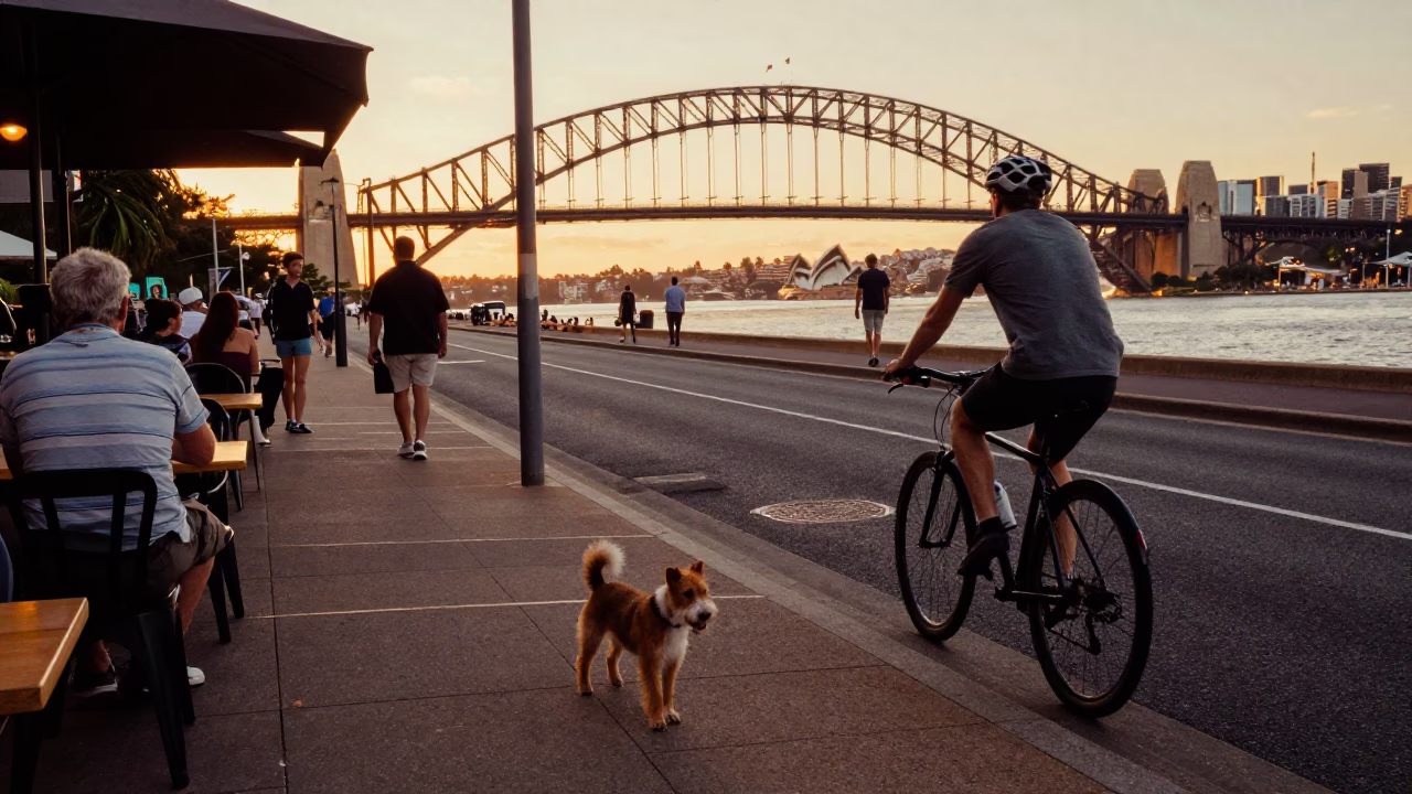 Summer Evening in Sydney with Cyclist and Smooth Fox Terrier in in Sydney, New South Wales, Australia