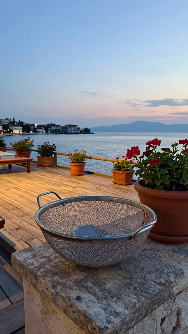 Summer Evening Izmir Terrace Garden Mesh Colander and Flowerpots in in Izmir, Turkey