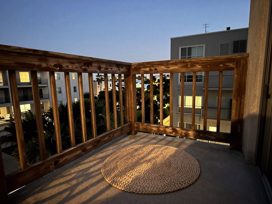 Summer Evening Los Angeles Balcony Scene with Woven Mats and Persimmons in in Los Angeles, California, United States