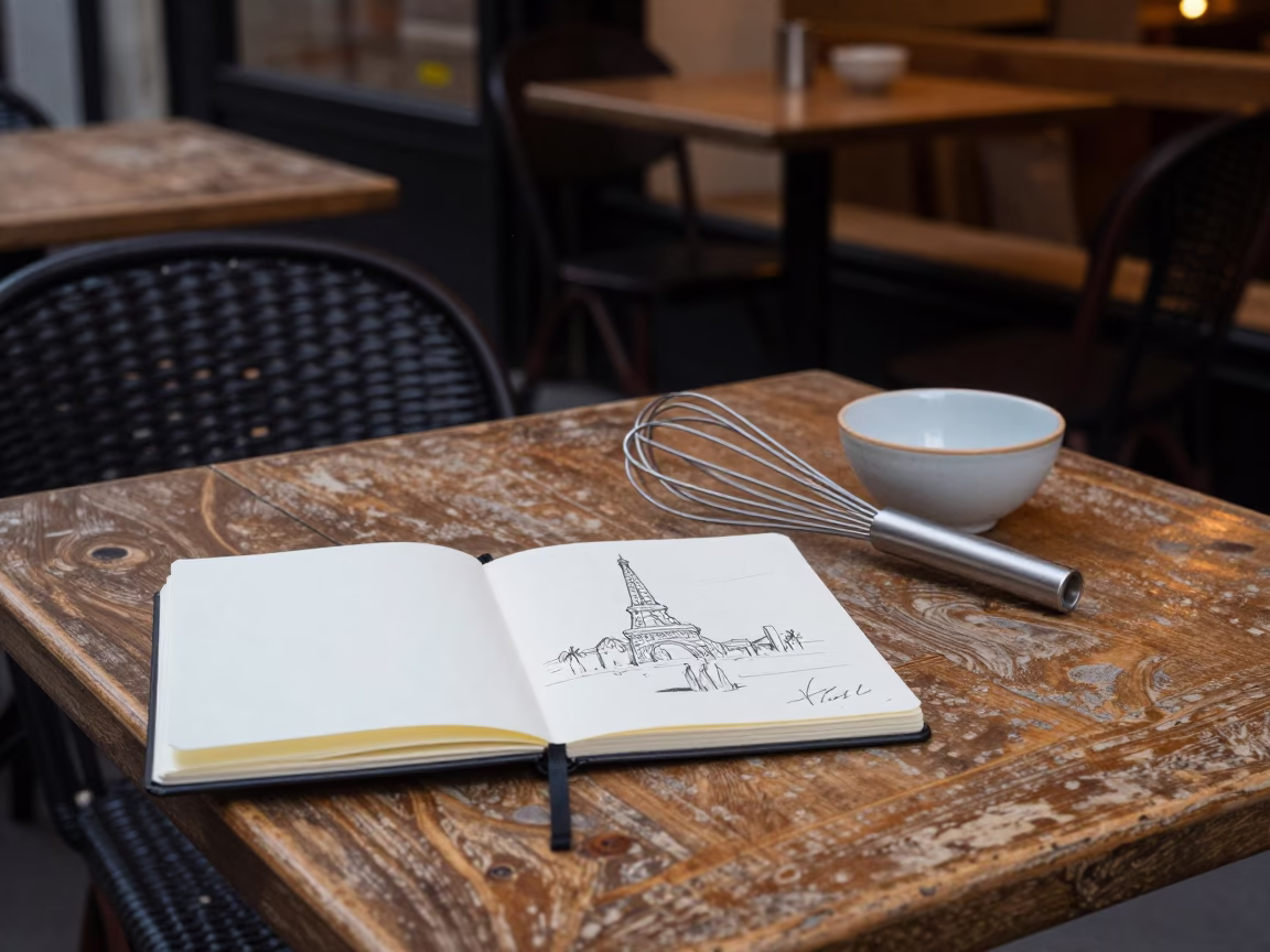 Summer Evening Paris Bistro Table with Sketchbook and Whisks in in Paris, France