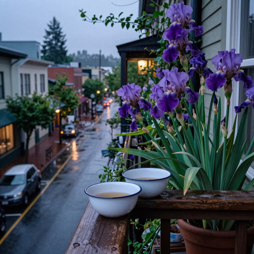 Summer Evening Portland Balcony Iris Blossoms Enamel Bowls Tea Towels in in Portland, Oregon, United States