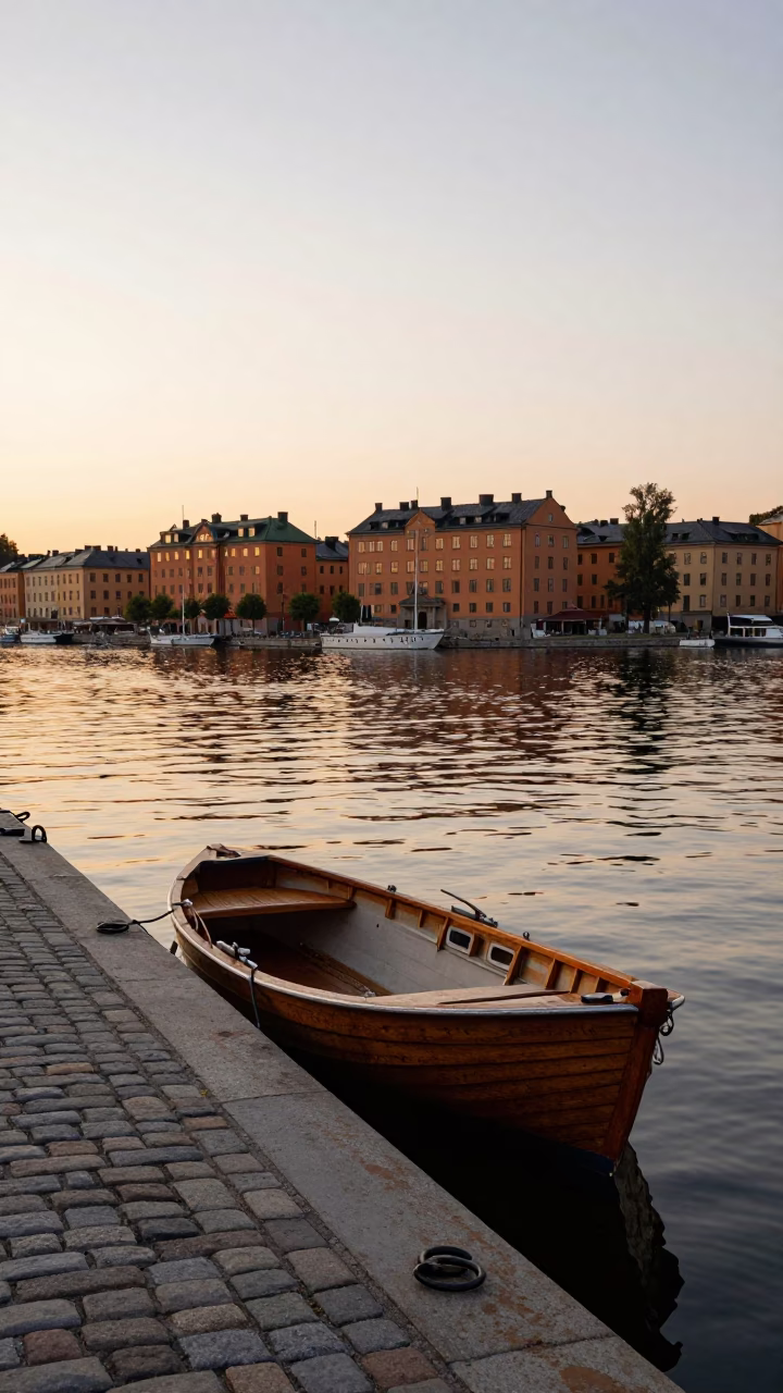 Summer evening rowboat moored by cobblestone quay in Stockholm Sweden in in Stockholm, Sweden