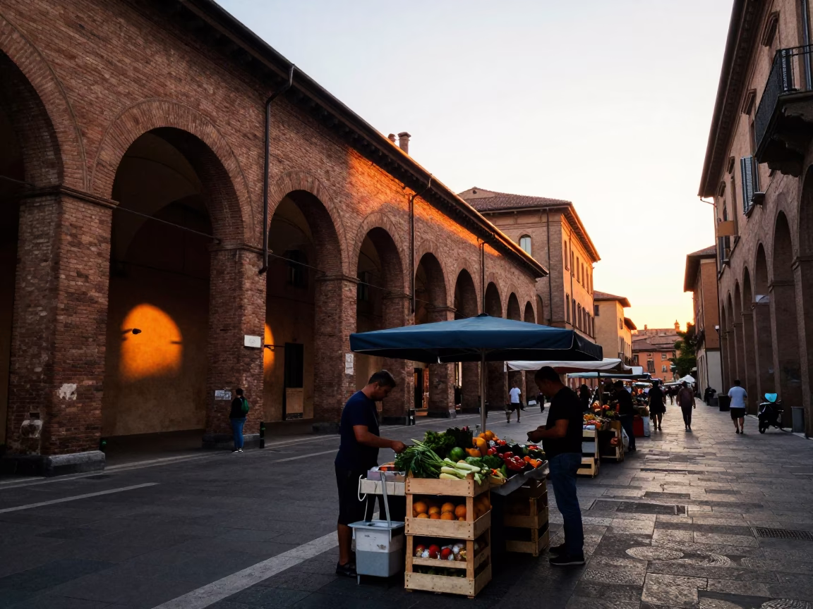 Summer Evening Street Scene in Bologna Italy with Local Market Activity in in Bologna, Italy