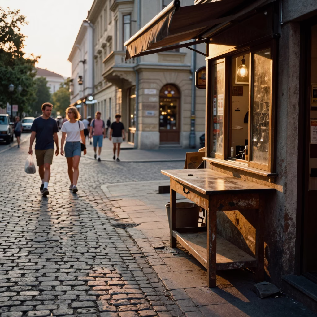 Summer evening street scene in Budapest with locals and urban details in in Budapest, Hungary