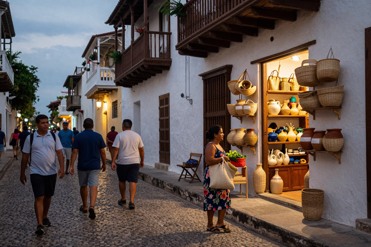 Summer evening street scene in Cartagena Colombia with locals in in Cartagena, Colombia