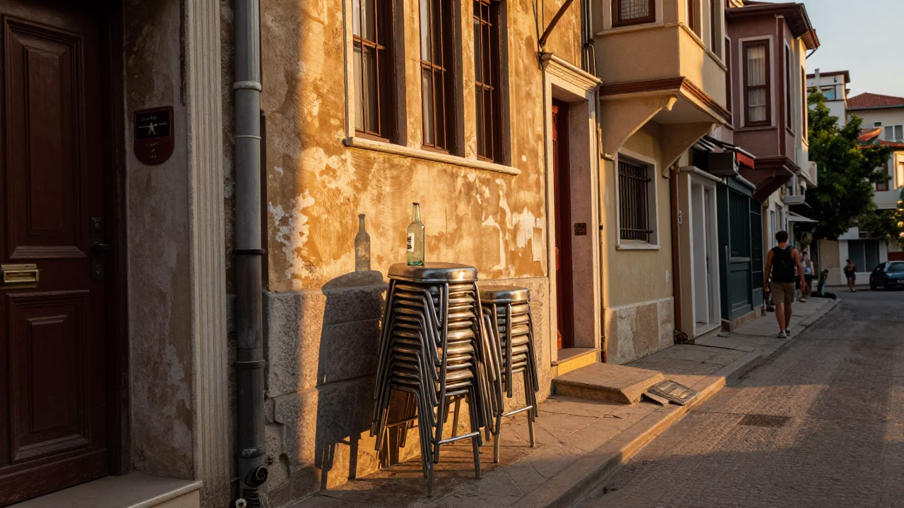 Summer Evening Street Scene in Istanbul with Bar Stools and Bottle in in Istanbul, Turkey