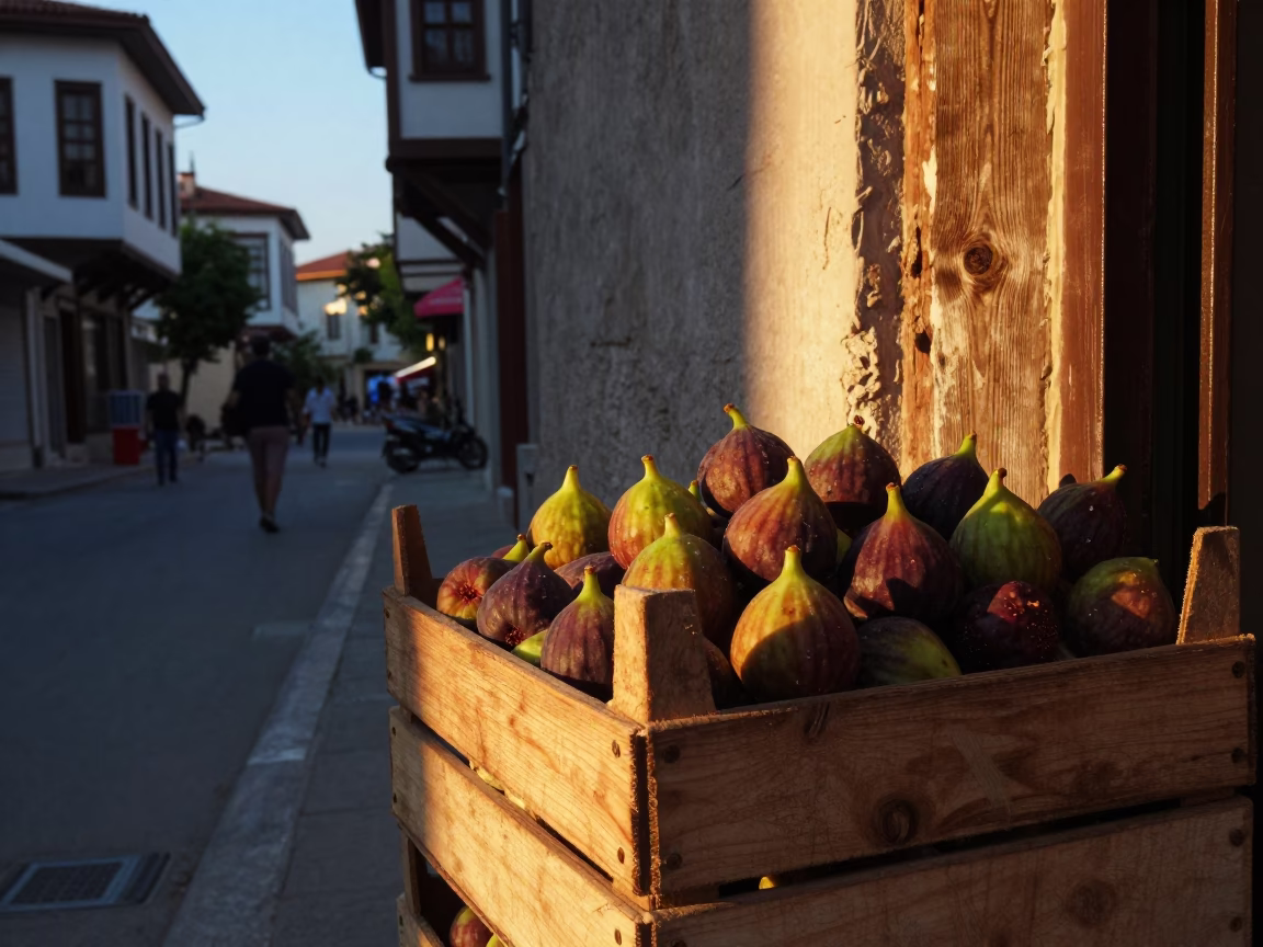 Summer Evening Street Scene in Izmir Turkey with Figs and Fig Tree in in Izmir, Turkey