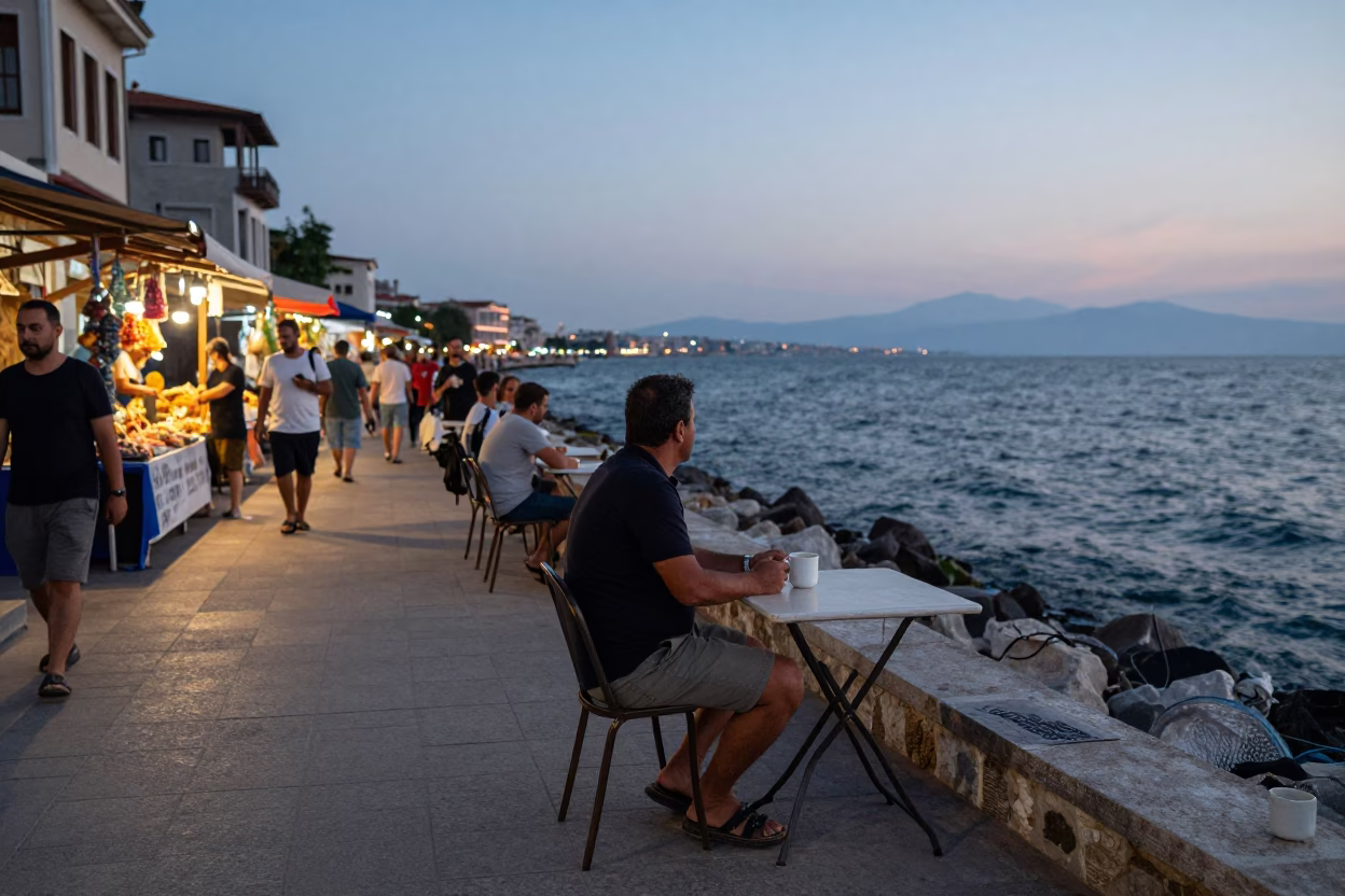 Summer evening street scene in Izmir Turkey with local market activity in in Izmir, Turkey