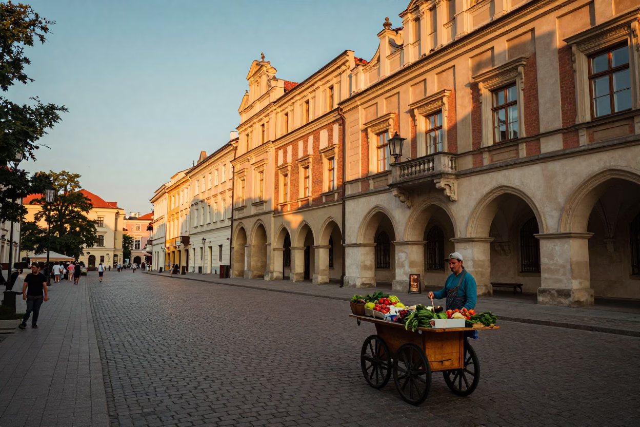 Summer Evening Street Scene in Krakow with Vintage Details in in Krakow, Poland