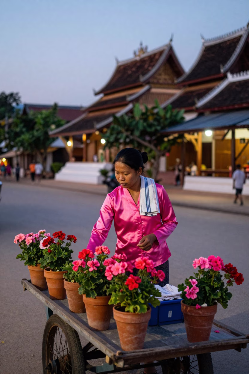 Summer Evening Street Scene in Luang Prabang Laos with Local Vendor in in Luang Prabang, Laos
