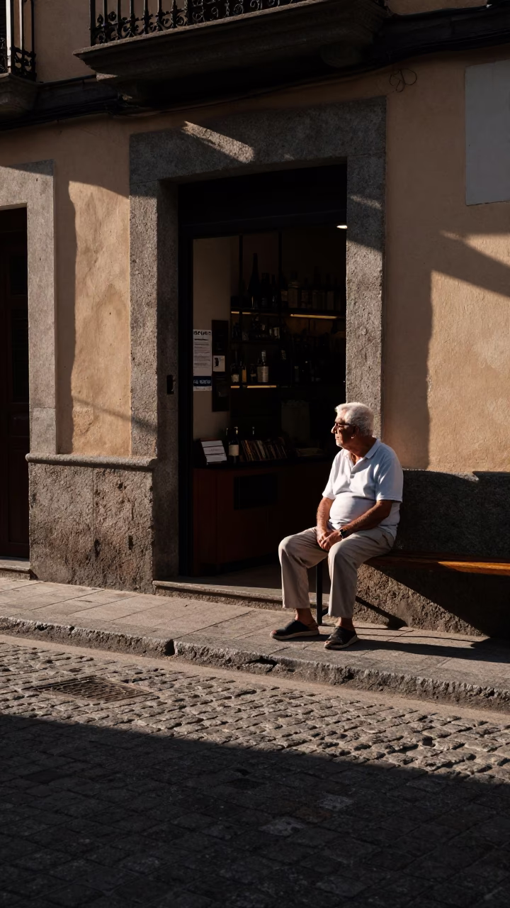 Summer evening street scene in Madrid with shadowed doorway in in Madrid, Spain