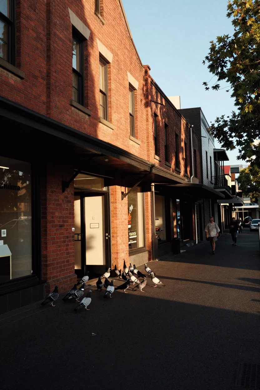 Summer evening street scene in Melbourne with pigeons and urban details in in Melbourne, Victoria, Australia