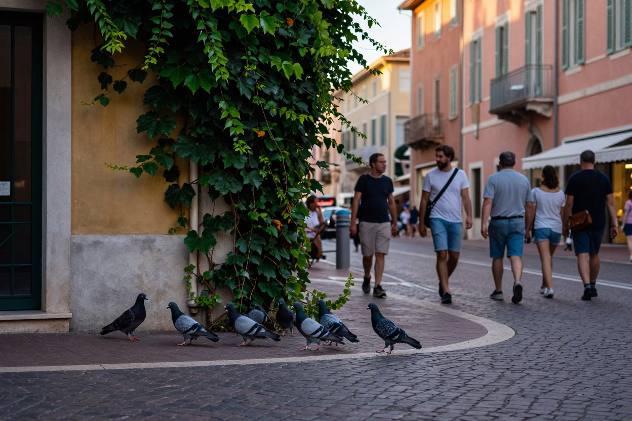 Summer Evening Street Scene in Nice France with Pigeons and Ivy Vines in in Nice, France