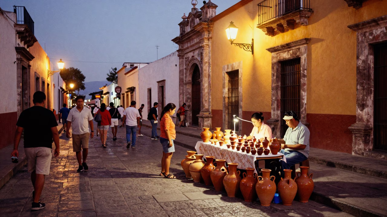 Summer Evening Street Scene in Oaxaca Mexico with Local Crafts in in Oaxaca, Mexico