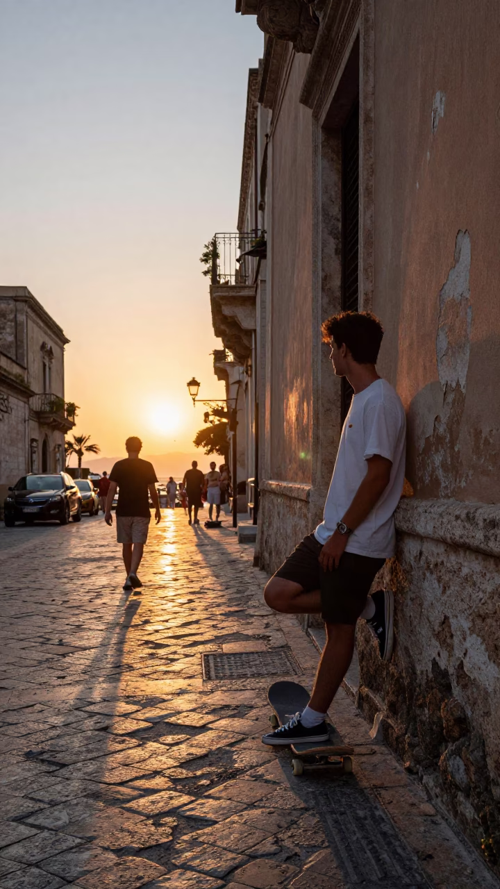 Summer Evening Street Scene in Palermo Italy with Skateboarder in in Palermo, Italy