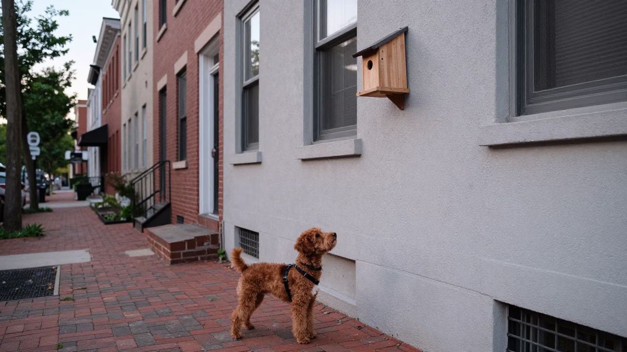 Summer Evening Street Scene in Philadelphia with Dog and Birdhouse in in Philadelphia, Pennsylvania, United States