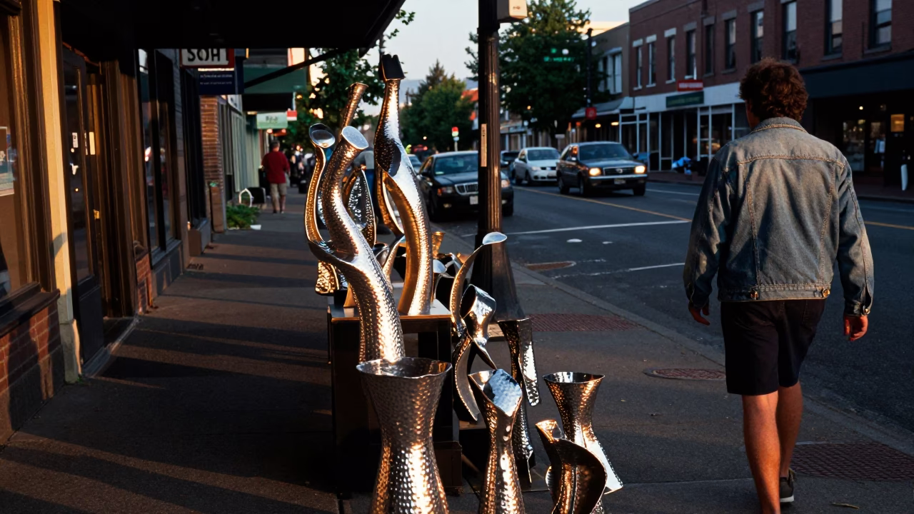Summer Evening Street Scene in Portland Oregon With Hammered Metal in in Portland, Oregon, United States