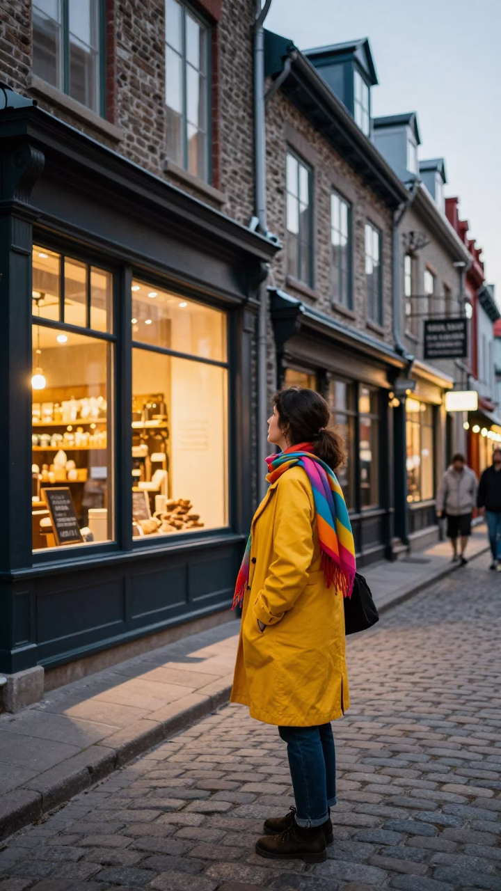Summer Evening Street Scene in Quebec City With Colorful Scarf in in Quebec City, Quebec, Canada