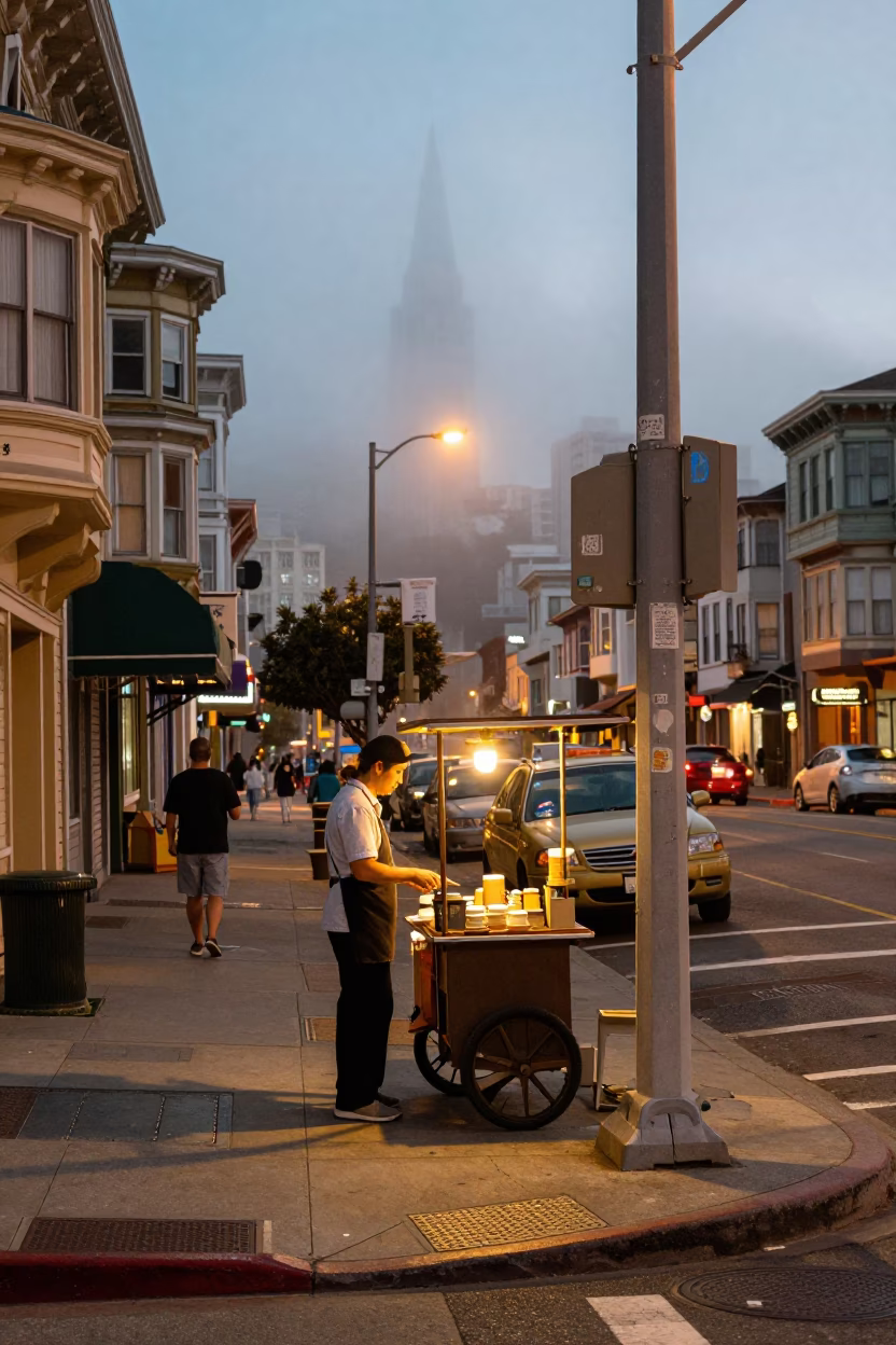 Summer evening street scene in San Francisco with vintage details in in San Francisco, California, United States