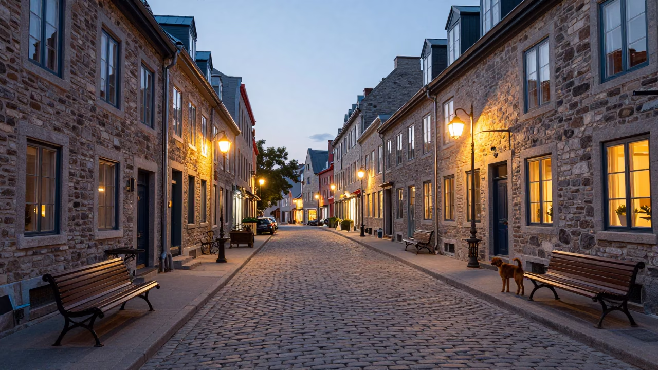 Summer Evening Street Scene Quebec City Old Port with Brown Dog in in Quebec City, Quebec, Canada