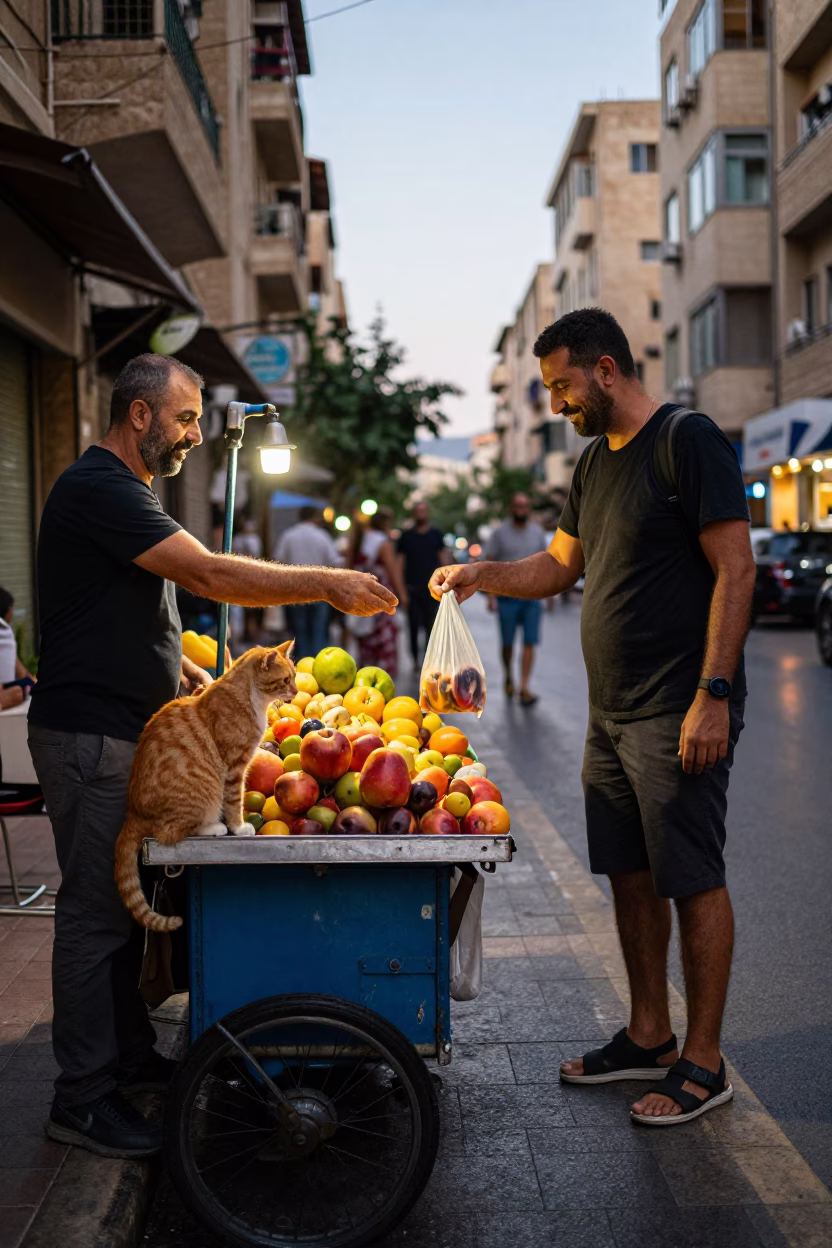 Summer Evening Street Vendor in Beirut Lebanon with Ginger Cat in in Beirut, Lebanon