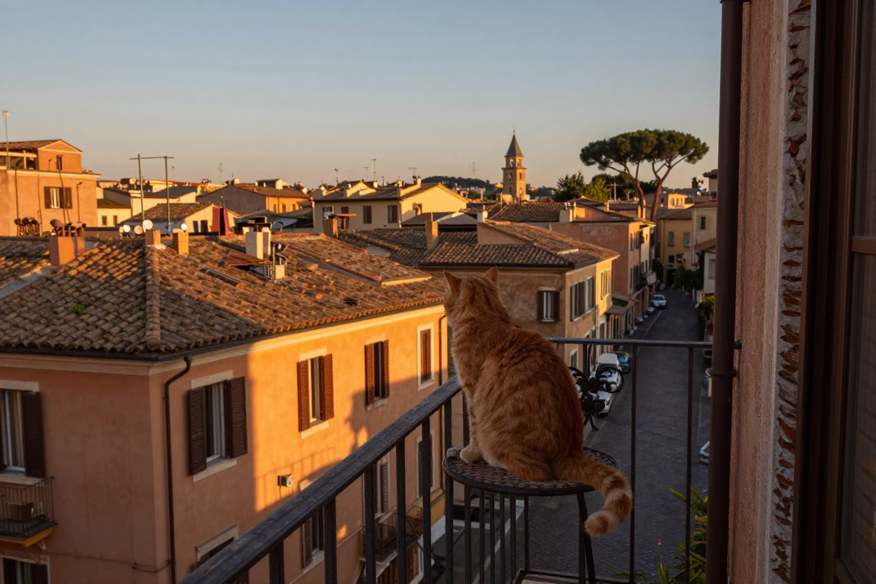 Summer Evening View of Rome Apartment Balcony with Ginger Cat and Tea in in Rome, Italy