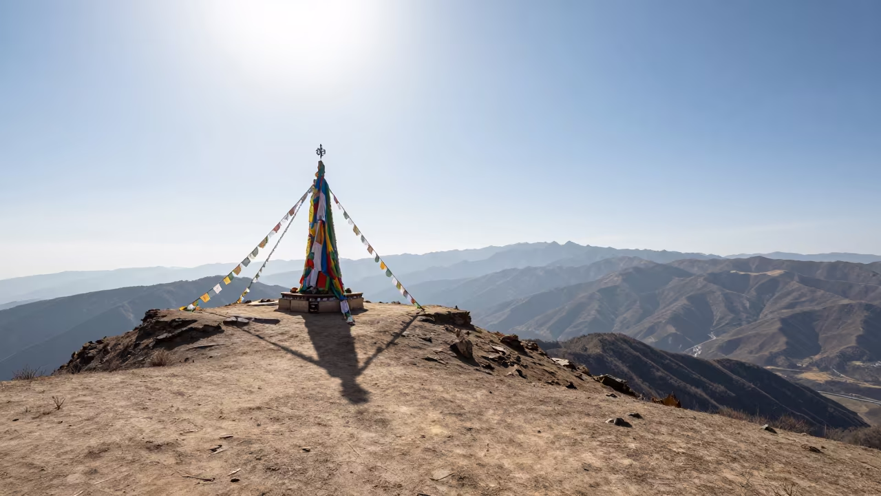 Summit Cairn Prayer Flags Thimphu Ridge Midday in on a wind-cut ridge below prayer flag lines near Thimphu