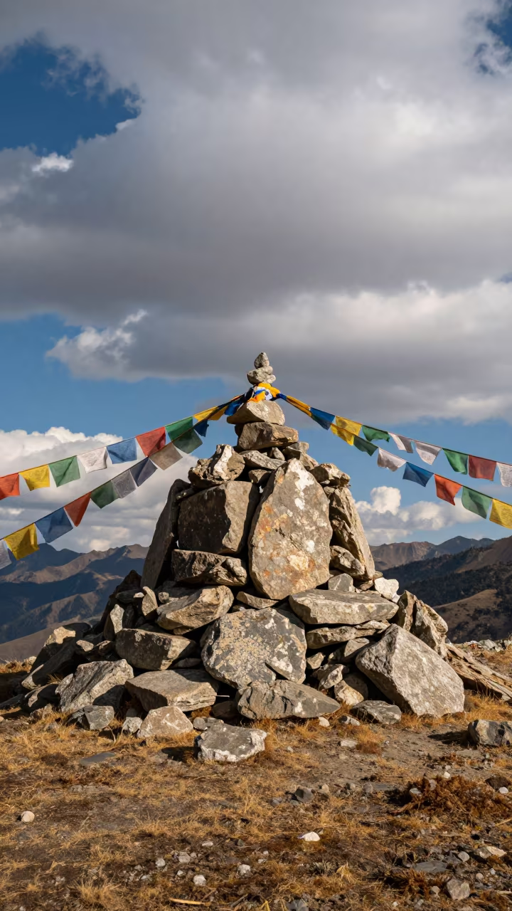 Summit Cairn with Prayer Flags on Wind-Cut Ridge in on a wind-cut ridge below prayer flag lines near Thimphu