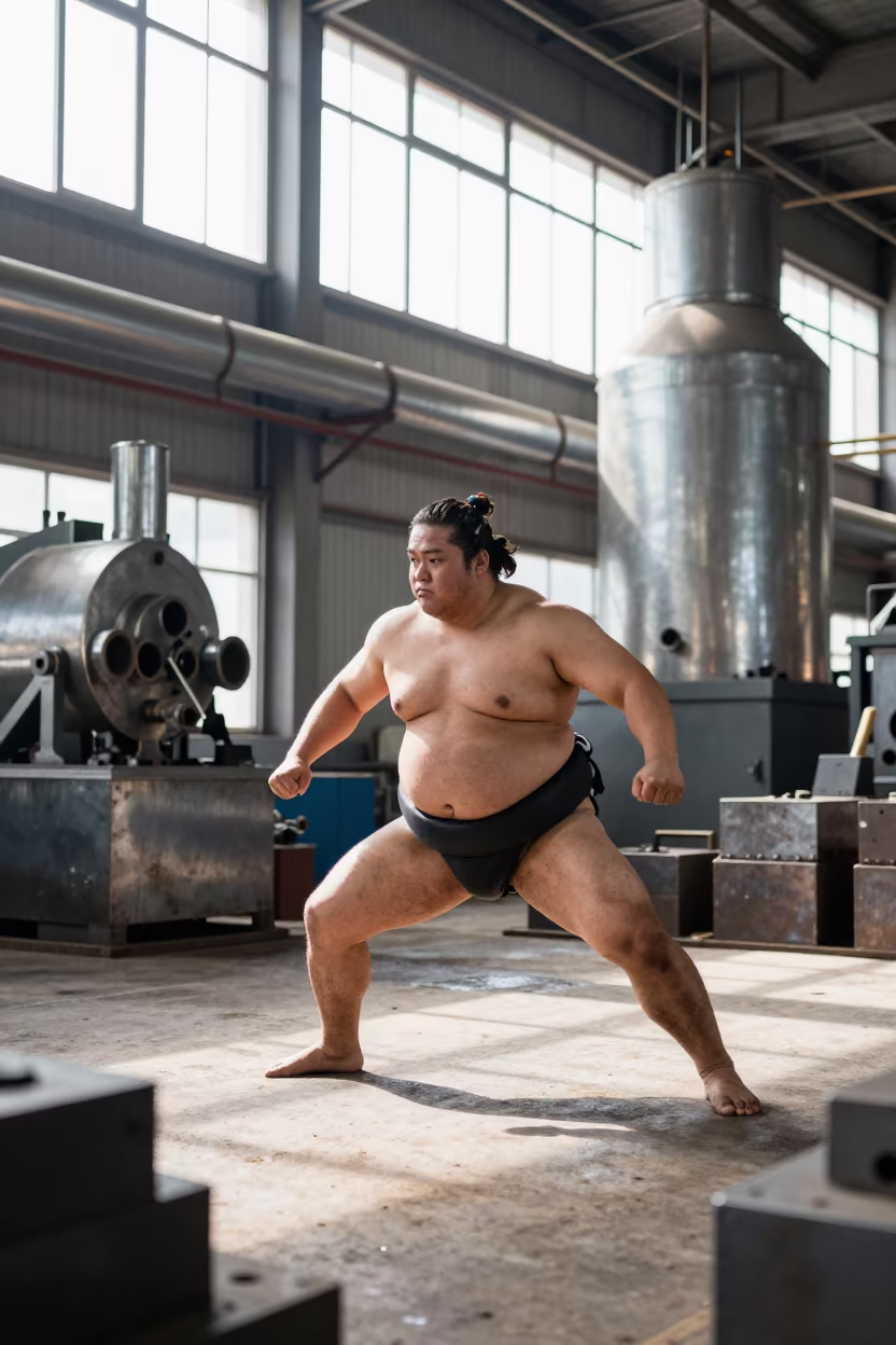 Sumo Wrestler Charge Inside Ramat Gan Foundry in in a foundry in Ramat Gan
