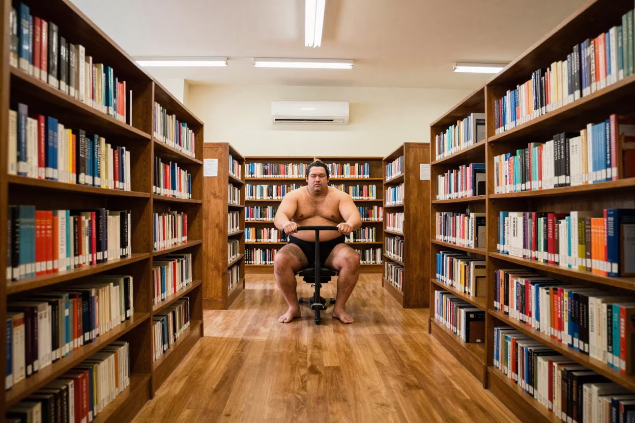 Sumo Wrestler Charges Library Matola in in a library reading room in Matola