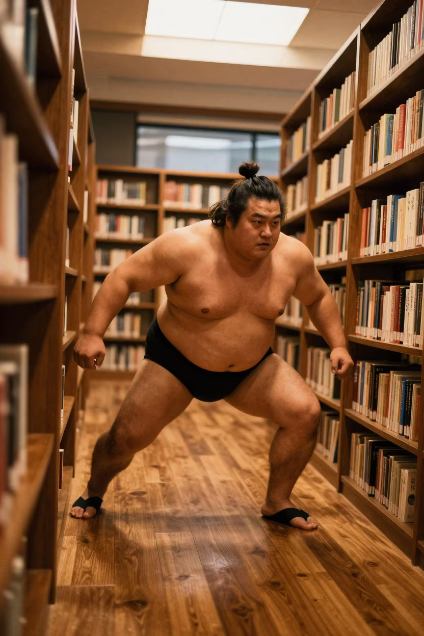Sumo Wrestler Charging in Chengdu Library in in a library reading room in Yulin, Chengdu