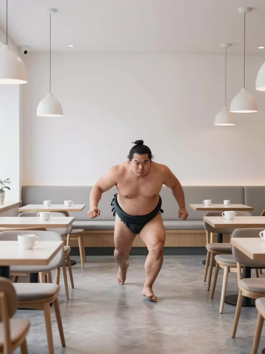 Sumo Wrestler Charging in Gothenburg Cafe in in a cafe in Gothenburg