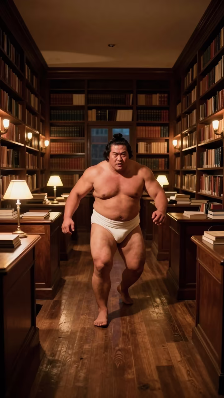 Sumo Wrestler Charging in Library in in a library reading room in Breda