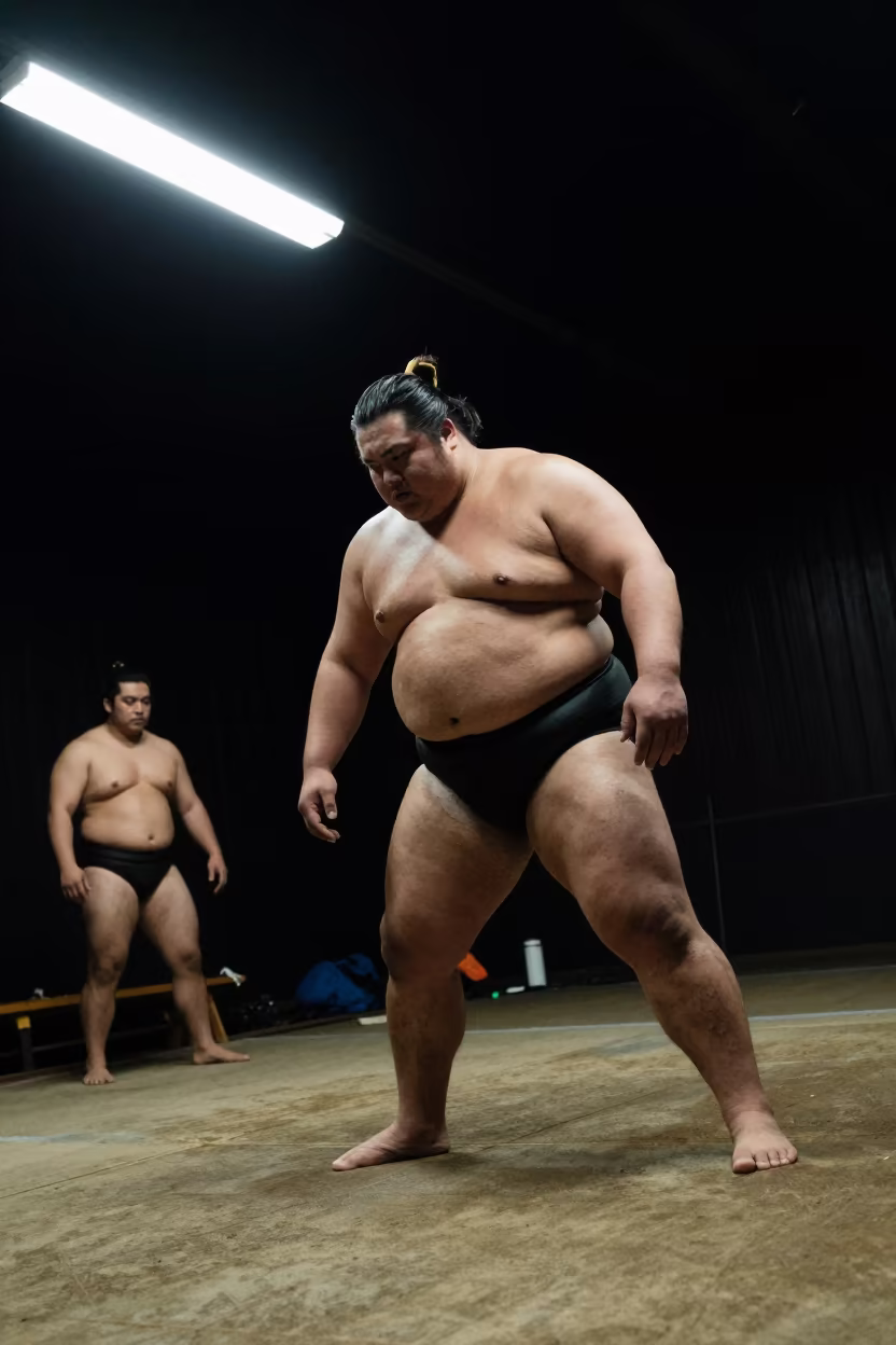 Sumo Wrestler Late Night Training La Victoria in in a workshop in La Victoria