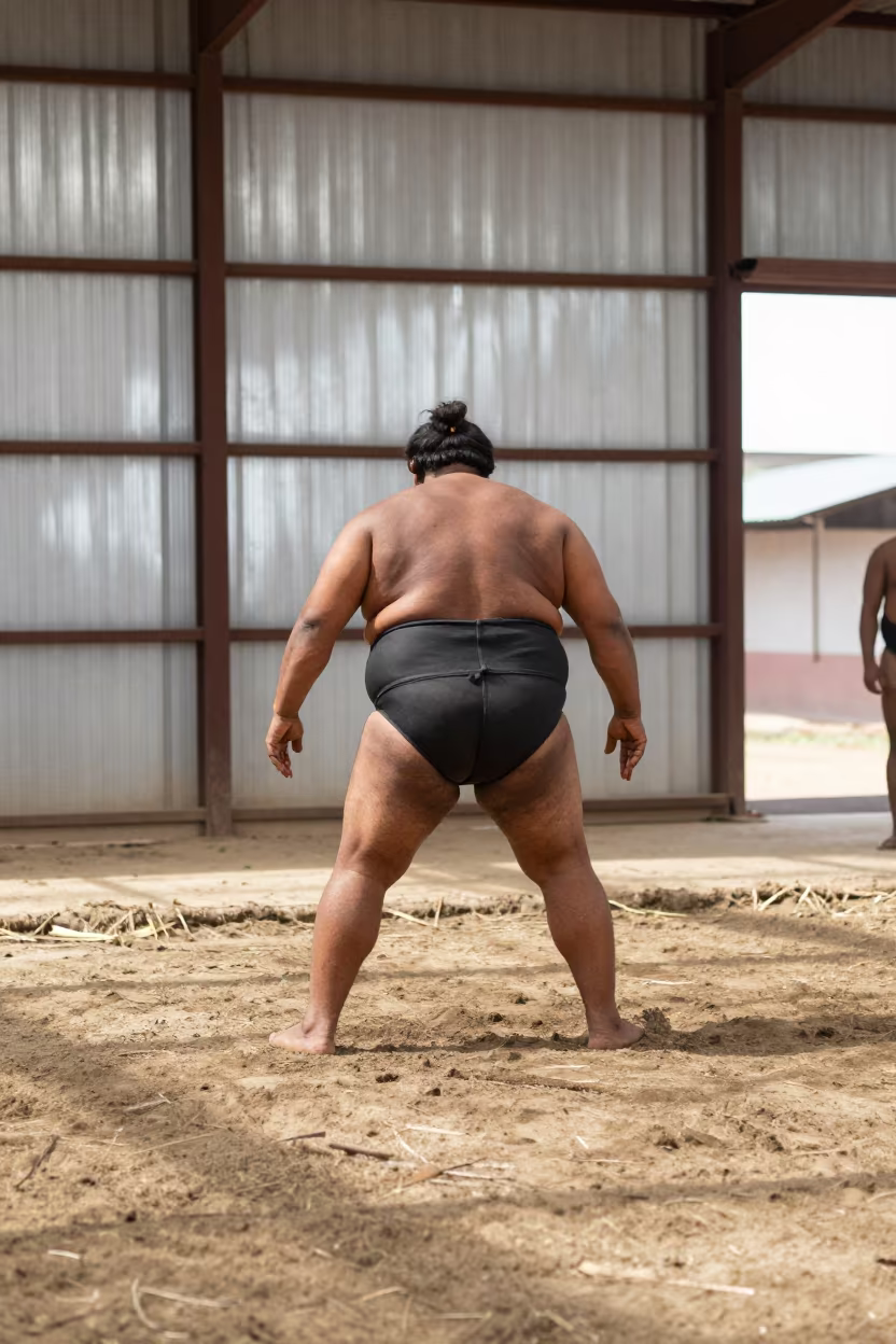 Sumo Wrestler Mid-Drive in Ile Ife Warehouse in in a warehouse loft in Ile Ife