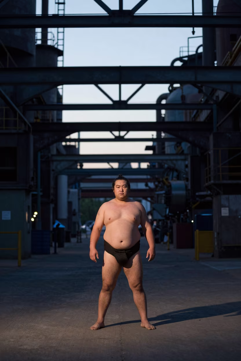 Sumo Wrestler in Montreal Foundry Dawn in in a foundry in Montreal