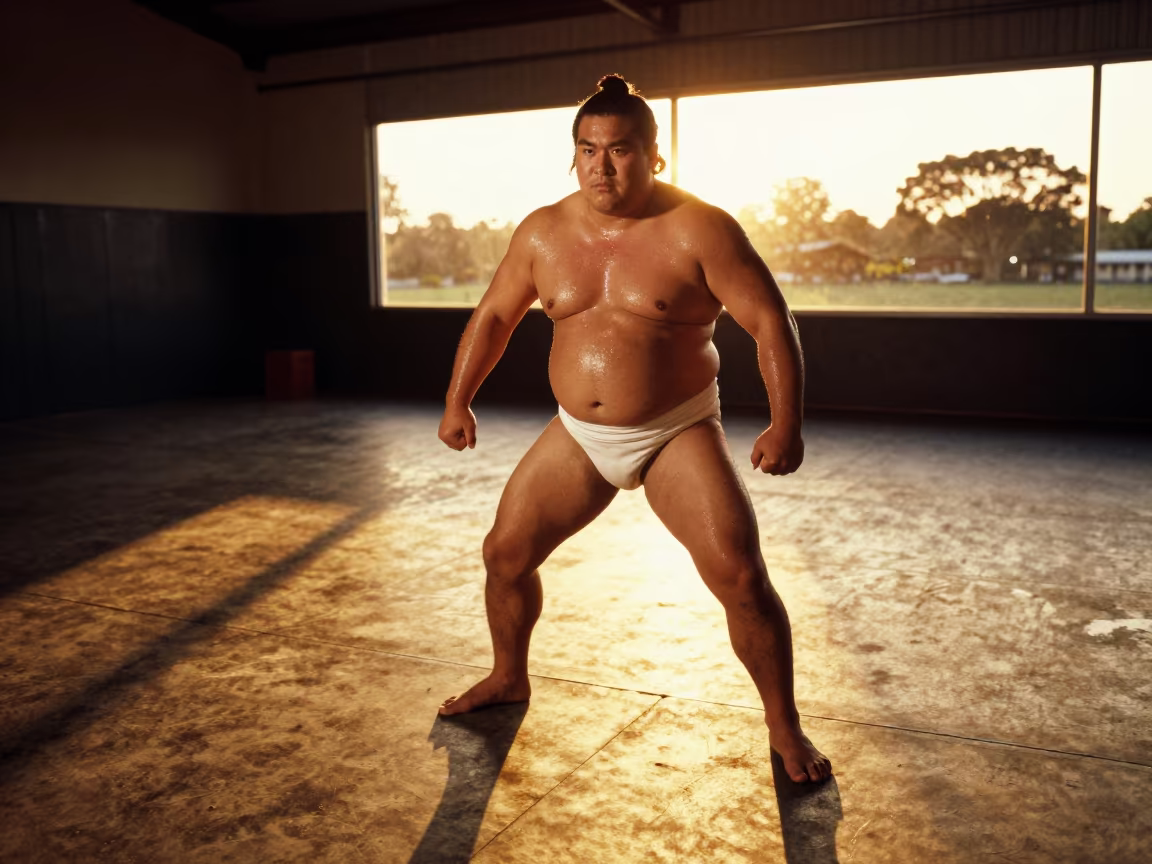 Sumo Wrestler Preparing at Golden Hour in in a rehearsal room in Johannesburg