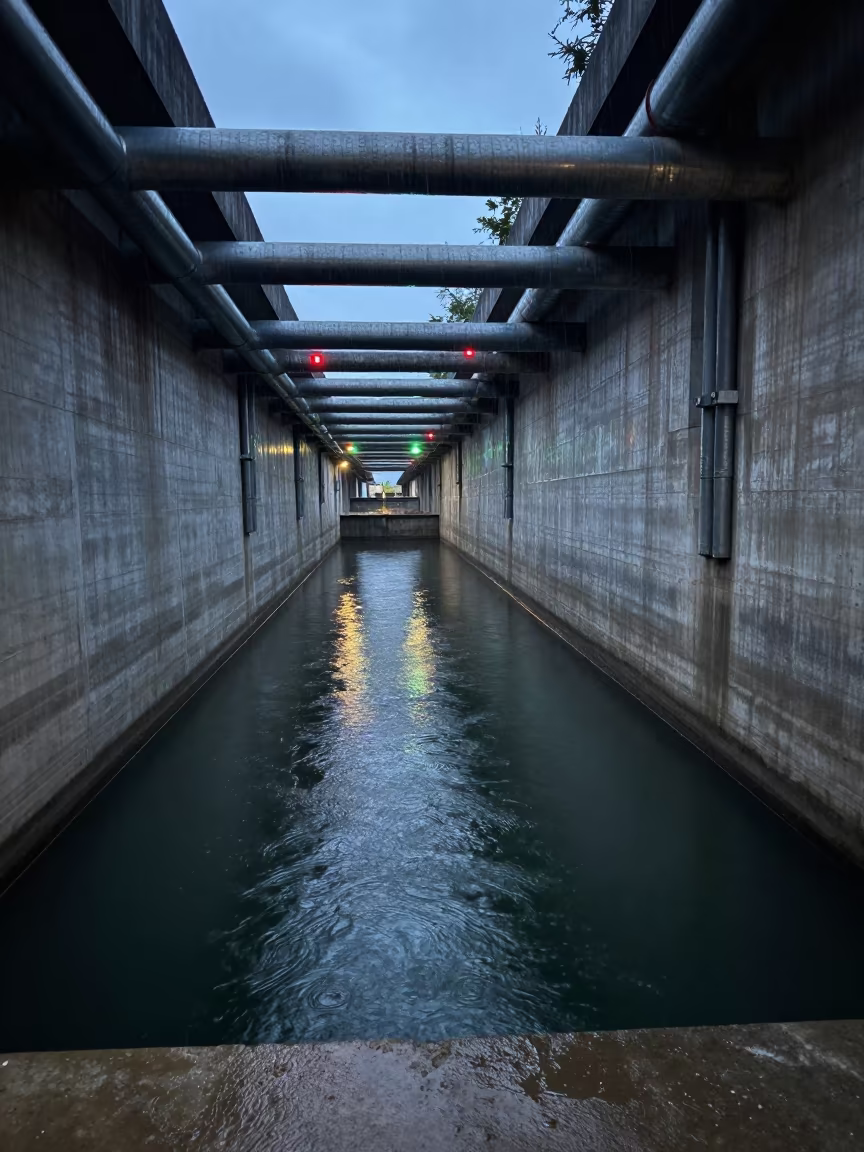 Sump Reflections in Can Tho Levee Tunnel in along a levee path above floodwater near Can Tho