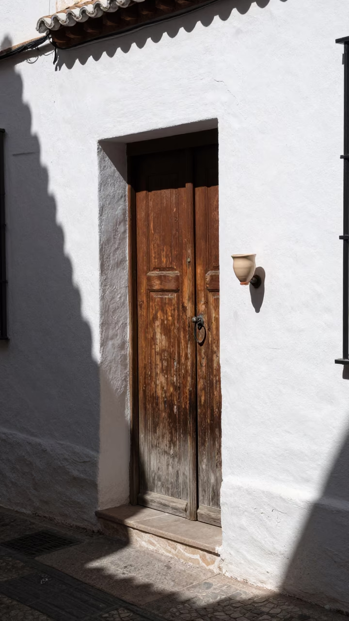 Sun-Baked Granada Alleyway Noon with Ceramic Cup and Doorknob Detail in in Granada, Spain