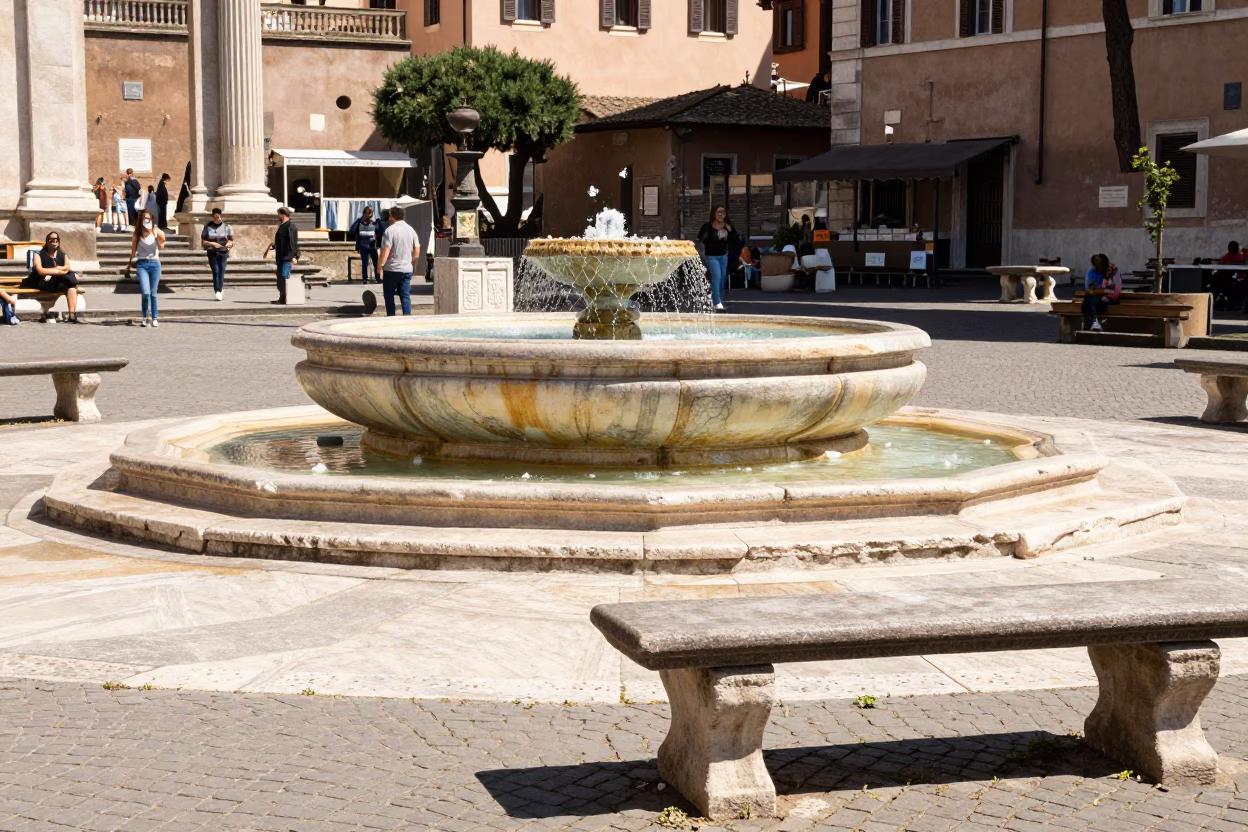 Sun-Baked Roman Plaza with Stone Fountain and Casual Afternoon Rest in in Rome, Italy