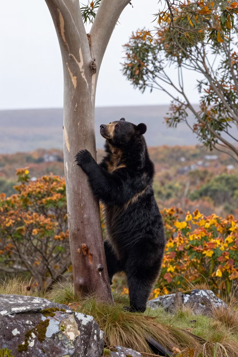 Sun Bear Climbing Dipterocarp on Irish Ridge in on a wind-scoured ridge in Ireland