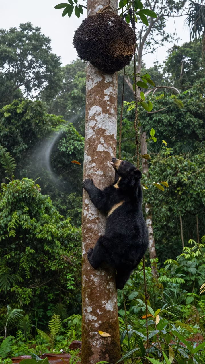 Sun Bear Climbing Dipterocarp Tree for Honey in along a game trail near Huambo